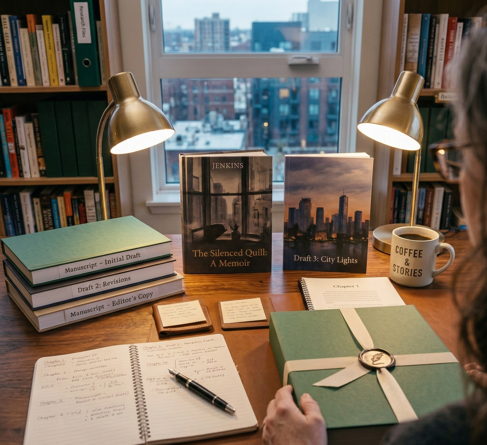 Book cover design concepts displayed on a designer's workspace